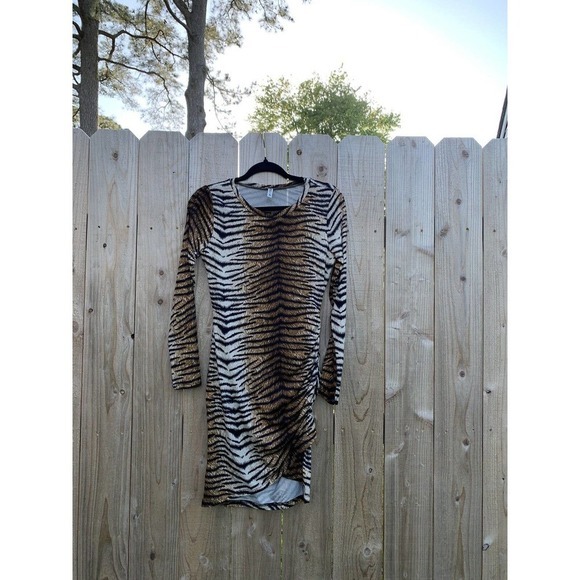 Grecerelle Tiger Print Bodycon Dress Size Small animal long‎ sleeve club summer - Picture 1 of 8